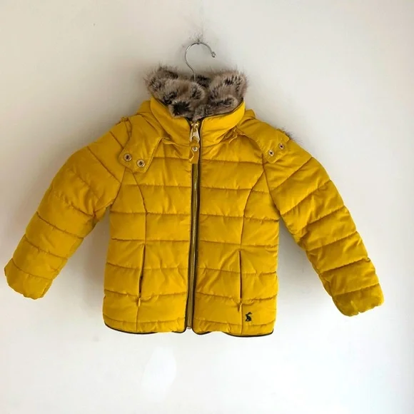 Joules Yellow Jacket Fur Hood Padded Coat Mustard Faux Fur Trim